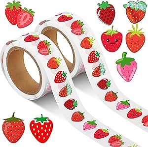 2 Rolls/1000 Pcs Strawberry Stickers, Cute Fruit 1 Inch Berry Shortcake Stickers Cartoon Vinyl Waterproof Decals for Strawberry Themed Birthday Party Favors Baby Shower Envelope Seals Goodie