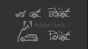 Accident types white line animations. Animated car crash icons. Damaged vehicles. Safety issues concept. Isolated illustrations on dark background. Transition alpha. HD video. Icon pack