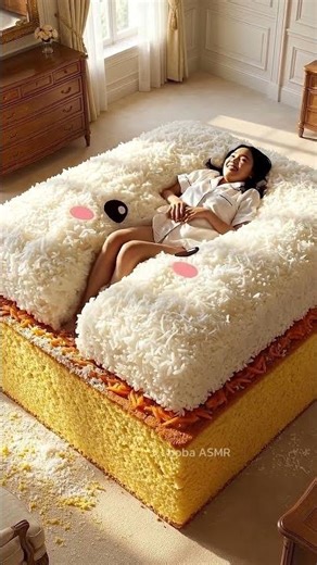 【ASMR】Cutting Into a Mango Cake Bed of Dreams 🛏️✨ | Coconut & Citrus #relaxation #dreamy