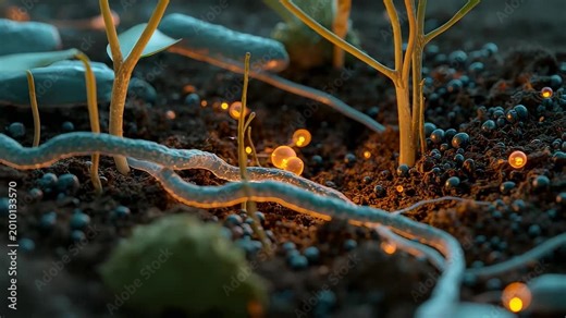 Plant roots growing through dark soil with fungal mycelium threads and glowing microbes for agriculture biology and ecosystem research