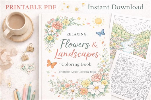 Adult Coloring Book Printable PDF | Relaxing Flowers | Landscapes | Botanical Nature Coloring Pages - Etsy