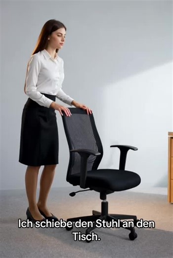 أنا أدفع الكرسي إلى الطاولة. I push the chair up to the table. Sentence structure analysis: \t1.\tIch → Subject → I \t2.\tschiebe → Verb (present tense of schieben) → push \t3.\tden Stuhl → Direct object (accusative case) → the chair \t4.\tan den Tisch → Prepositional phrase indicating direction → to the table Subject Verb Object Direction/Prepositional phrase Warum „den“ und „den“? \t•\tder Stuhl → den Stuhl (Akkusativ, weil es das direkte Objekt ist) \t•\tder Tisch → an den Tisch (Richtungsbew