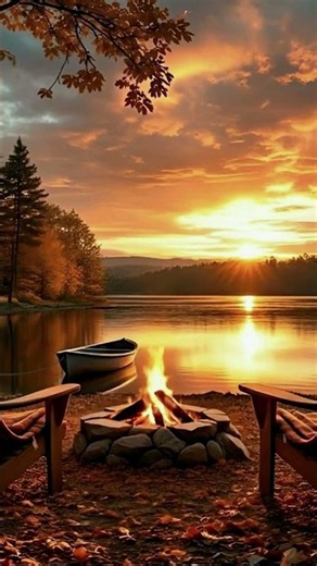 Fall Lakeside Campfire Ambience 🍂🔥 Relaxing Nature Sounds & Peaceful Sunset #Relaxation #Campfire