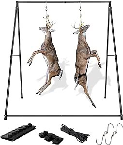 Deer Game Hanger Hoist, Deer Skinning Rack, Deer Hides Tanning Tool, Deer Drying Rack with 2 Meat Hooks, 20m Rope, 20 drying clips for Game Hunting, Animal Skinning, Dressing and Butchering Heavy Duty