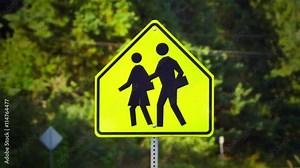 4K Pedestrian Crossing Walk Street Sign, Yellow Caution Stock Video