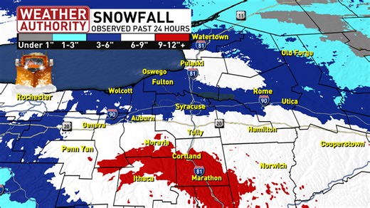 Snow totals across CNY from the past 24 hours, risk for freezing rain Sunday