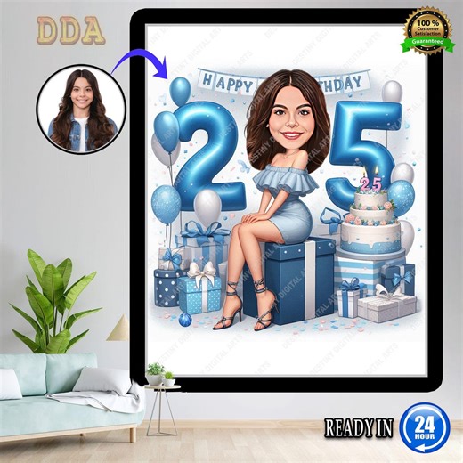 Custom 25th Birthday Girl Digital Portrait | Blue Aesthetic Milestone Illustration | Personalized Quarter Century Party Poster - Etsy