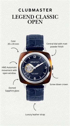✨New Clubmaster Legend Classic Open for a pure vintage style - 6 models with case in tortoise shell acetate or polished steel case - Automatic movement with open window at 9 o'clock - Dial with railway minute track - Waterproof: 100m / 10 ATM - #briston #bristonwatches #newwatch #montre #watch #reloj #clubmasterlegend #classic #OpenMovement #automaticmovement #montreautomatique #mouvementautomatique #montrevintage #vintagewatch #waterproof | BRISTON Watches