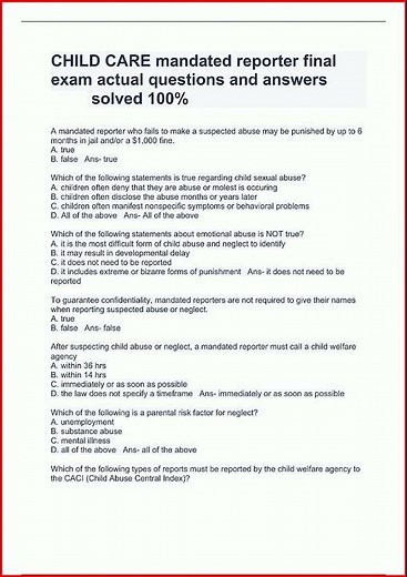 Child Care Mandated Reporter Final Exam Actual Questions And video