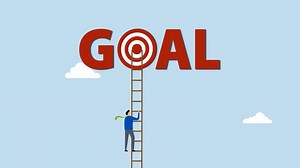 Ladder to reach goal, 4k animation of clever entrepreneur ascends ladder high into the cloud to hit target bullseye.