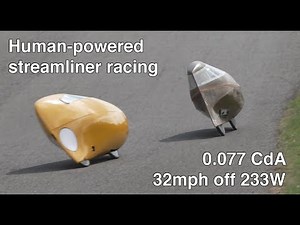 Human powered streamliner racing. 32mph off 233W. 0.077CdA (Woodstock vs Beano)