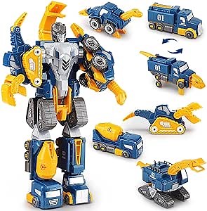 Toddler Construction Car Transform Set, 5pcs Dinosaur Rescue Robot with Magnetic Connectors, Assemble Building Trucks DIY STEM Toy, Birthday Present for Kids Boy Girl 3 4 5 6 7 Year