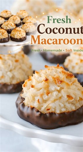 🥥 Delicious Coconut Macaroons Recipe Ingredients: 3 cups (about 255g) sweetened shredded coconut 4 large egg whites 2/3 cup (130g) granulated sugar 1 tsp vanilla extract (or almond extract for a twist) Pinch of salt 6 oz (170g) semisweet chocolate (for dipping) Instructions: Preheat oven to 325°F (165°C) and line a baking sheet with parchment paper. In a large bowl, whisk together egg whites, sugar, vanilla, and salt until frothy (but not stiff). Fold in shredded coconut until well coated. Usin