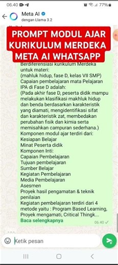 Contoh prompt modul ajar kurikulum merdeka di #metaai #WhatsApp #kurikulummerdeka