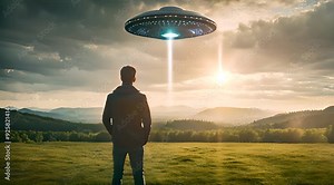 Alien Invasion Concept. UFO in the Sky from a Man's Perspective