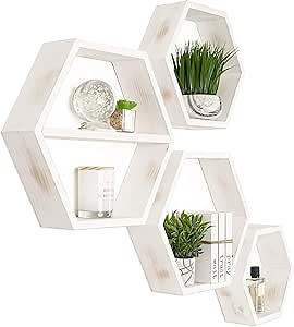 Extra Large Hexagon Floating Shelves - Set of 4 - Honeycomb Shelves Octagon Shelves Wall Hanging Shelves Honeycomb Decor - Wooden Honey Comb Hexagon Shelf for Wall - Geometric Hexagonal Wood (White)
