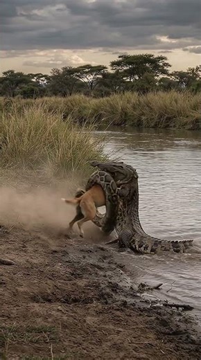 A large python biting a wild dog near a riverbank…