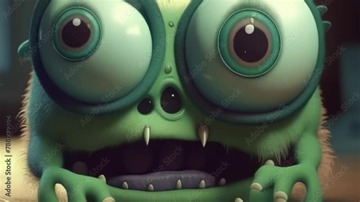 Funny green monster with big eyes, zoom monster. Children's nightmare horror animation illustration