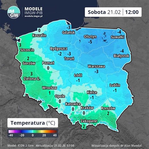 (Sobota/Niedziela)21.02.2026 W dzień na południowym wschodzie zachmurzenie umiarkowane, okresami duże i miejscami słabe opady śniegu. Na pozostałym obszarze zachmurzenie całkowite i duże, z zachodu ku centrum kraju przemieszczać się będzie strefa opadów śniegu i deszczu ze śniegiem, a po południu na zachodzie deszczu. Przejściowo miejscami padał będzie deszcz marznący powodujący gołoledź. Jedynie na północnym wschodzie i wschodzie opady śniegu. Temperatura maksymalna od -4°C na północnym wschodz