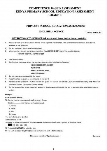 Grade 4 English Mid Term 3 2025 Exam