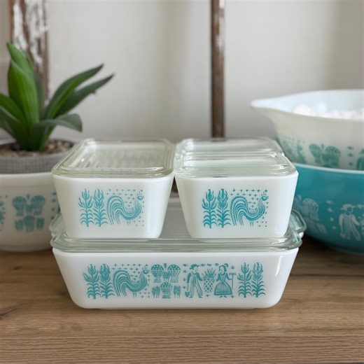 Vintage Pyrex Refrigerator Set | Amish Butterprint Fridgie Set | Turquoise 501 502 503 With Lids Farmhouse Kitchen - Etsy