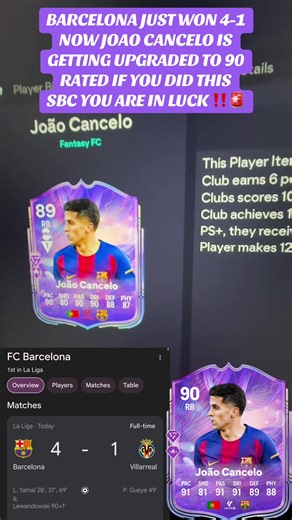 Barcelona Triumphs 4-1: Joao Cancelo Receives 90-Rated Upgrade