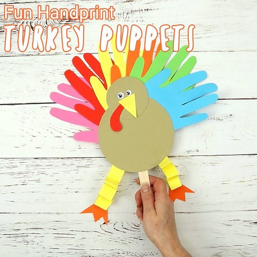 Handprint Turkey Puppets are such a fun way to keep the kids entertained this Thanksgiving. (You can even write thankful notes on the tail feathers too!) https://kidscraftroom.com/thanksgiving-handprint-turkey-puppets/ | Kids Craft Room