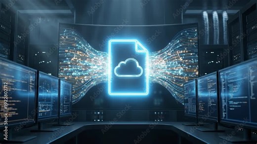 Neon file cloud data stream server network digital transfer security glowing cloud file transfer visualization streaming data flow secure server room cloud file data stream network hub digital