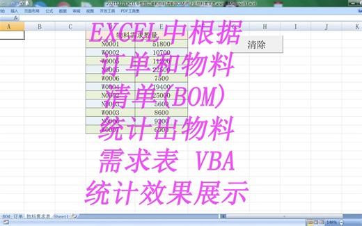 EXCEL中根据订单和物料清单(BOM)统计出物料需求 效果展示 当然，如果有库存，也可以写个生成订购单的代码 如果有产能数据，还可以做排产表