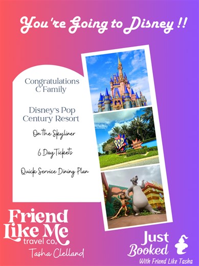 🎉 Big congratulations to the C family on booking their Walt Disney World vacation! 🏰✨ They’ll be soaking up the magic at Disney’s Pop Century Resort 🚠 with easy Skyliner access, 6-day park tickets, and the Quick-Service Dining Plan to keep things simple and delicious 🍔🍦 They also jumped on Disney’s newest promo and truly got the most bang for their buck with extra nights extra park days 🙌 ✨ A perfect example of how smart planning and the right guidance can really stretch your vacation doll