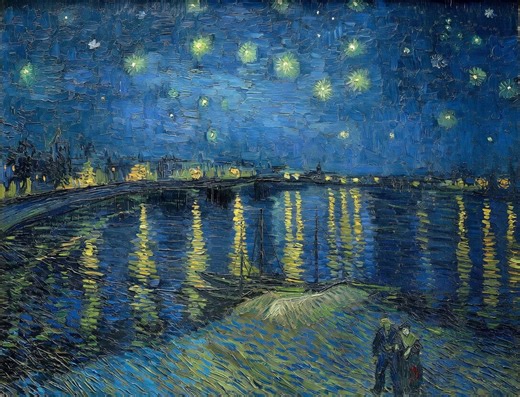 "Noche estrellada sobre el Ródano" (1888) es una de las obras más cautivadoras de Vincent van Gogh, pintada durante su estancia en Arlés, Francia. Fue realizada apenas unos meses antes de su famosa "La noche estrellada" (la del MoMA), pero a diferencia de aquella, esta fue pintada directamente del natural, bajo la luz de las lámparas de gas. Arte en movimiento con apoyo de Grok