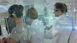 Animation of connected icons, diverse call center agents talking with customers wearing headsets