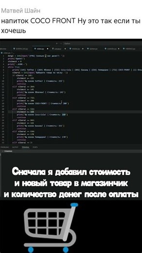 Улучшил свой текстовый магазин в VS CODE💻(py) #python #vscode #coding #code #пайтон #магазин #кодинг