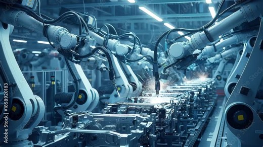 Robotic Arms at Work: The photo depicts advanced robotics, a symbol of innovation, and efficiency in a modern factory setting. These automated robotic arms execute tasks with precision.