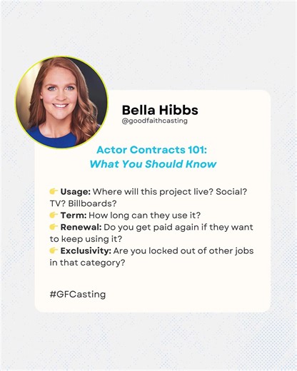 Booked the job? Amazing. But before you sign, read the contract. Too many actors don’t realize what they’re agreeing to. Here are a few basics to watch for: 👉 Usage: Where will this project live? Social? TV? Billboards? 👉 Term: How long can they use it? 👉 Renewal: Do you get paid again if they want to keep using it? 👉 Exclusivity: Are you locked out of other jobs in that category? Contracts aren’t scary. They’re protection. Protect your value. Protect your rights. Protect your future paychec
