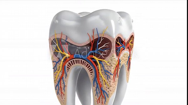 Detailed CGI 3D Rendering of Adult Human Molar Anatomy Cross Section With Blood Vessels Nerves And Pulp In Realistic