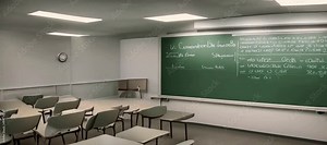 a vacant classroom with a green board displaying complex calculus equations