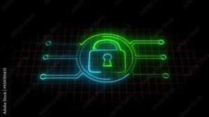 Lock icon. Lock icon with digital neon line animation . Cyber security line animation. Opening padlock with digital lines animation and network safety concept design animation. on of grid background Stock Video