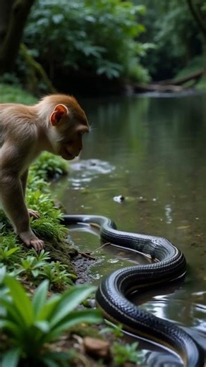 Monkeys Face a Giant Snake by the River—A Deadly Encounter!