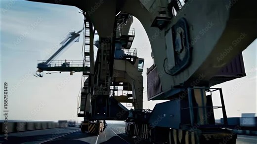 Shipside crane loads purple container - Crane lifts container from vessel onto port - Operator controls high reach crane moving container from ship to dock - giant crane arm as it lifts a container