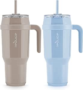 REDUCE 50 oz Tumbler with Handle, 2 Pack - Vacuum Insulated Stainless Steel Mug with Sip-It-Your-Way Lid - Keeps Drinks Cold up to 50 Hours - Sweat Proof, Dishwasher Safe, BPA Free - Glacier and Sand