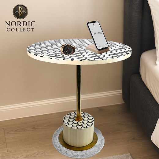 Handmade Bone Inlay Side Table Black White Geometric Round Accent Table With Brass Base | Modern Bedside Living Room Furniture - Etsy