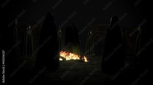 Masked Ritual Circle. A night time scene with a ritual circle featuring people in golden masks and hooded robes, stood around a stone monolith with a hot burning fire. Stock Video