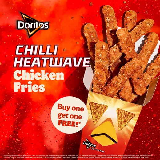 Everyone thought it was an April Fools but we’re not joking 👀​ Doritos Chilli Heatwave Chicken Fries are 100% REAL 🔥​ They’re available exclusively on our app and Just Eat UK and when you buy a portion of 6 it's BUY ONE GET ONE FREE ON BOTH! 🎉 | Burger King UK