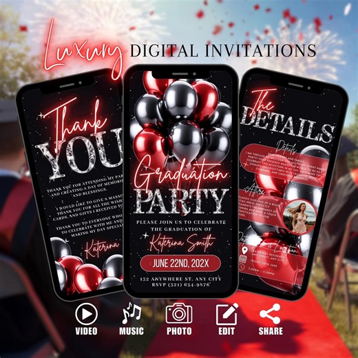 Red Black Graduation Party Invitation, Digital College Send Off, Law Graduate Ecard, Modern High School Invite, Self-edit Template - Etsy