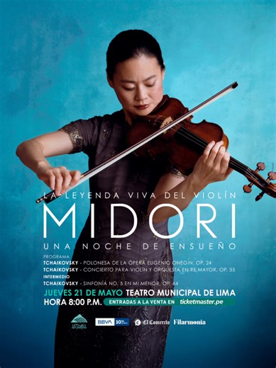 Midori llega a Lima 🎻✨ La legendaria violinista japonesa ofrecerá una única presentación junto a la Filarmónica Teresa Quesada con un programa dedicado a Tchaikovsky. Una noche imperdible para los amantes de la música clásica 🎼 🎶 Programación: • Concierto para violín y orquesta de Tchaikovsky n. 35 en re mayor • Polonesa de Eugenio Oneguin op. 24 • Sinfonía n.º 5 op. 64 en mi menor 📅 Jueves 21 de mayo de 2026 ⏰ 8:00 p. m. 📍 Teatro Municipal de Lima (Jirón Ica 377, Centro Histórico) 🎟 Entra