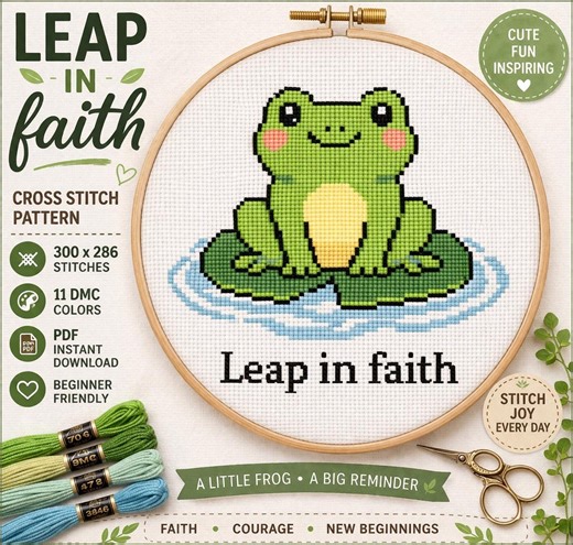 Leap in Faith Frog Cross Stitch Pattern, Christian Encouragement Gift, Cute Frog Embroidery PDF, Bible Inspired Decor, Beginner Stitch - Etsy