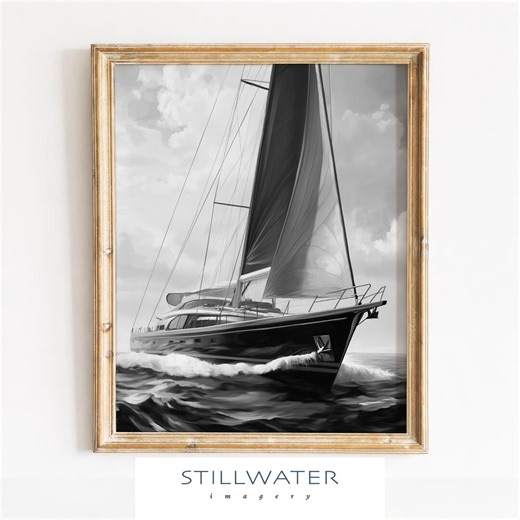 Monochrome Oil Painting Sailboat Wall Art, Nautical Yacht Digital Print, Ocean Sailing Boat Black White Digital Download, Large Scale Art - Etsy