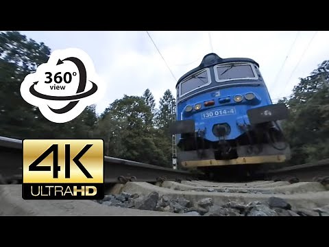 360° camera under freight train near railway crossing (4K) Virtual Reality