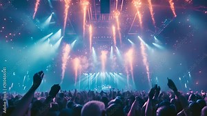 Excited crowd at live concert enjoying music performance. Entertainment and events.